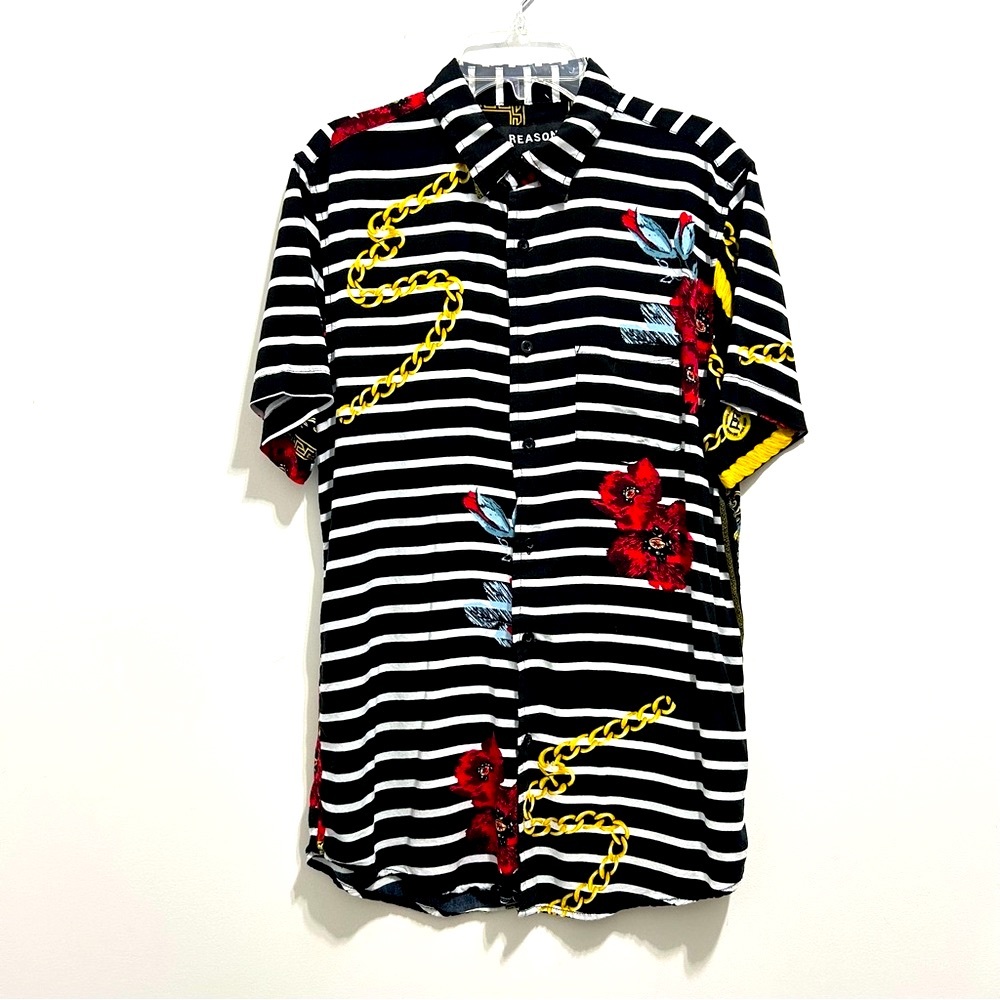 Reason Women’s Poplin Black & White Striped Button Down Floral Chain Shirt